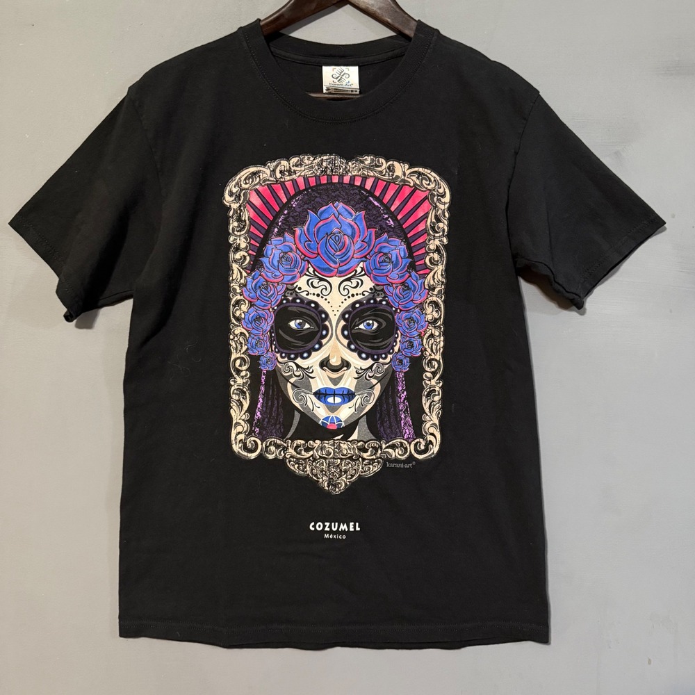 100% Cotton Karani Art Dia de Los Muertos Tee Shirt Black Medium Unisex